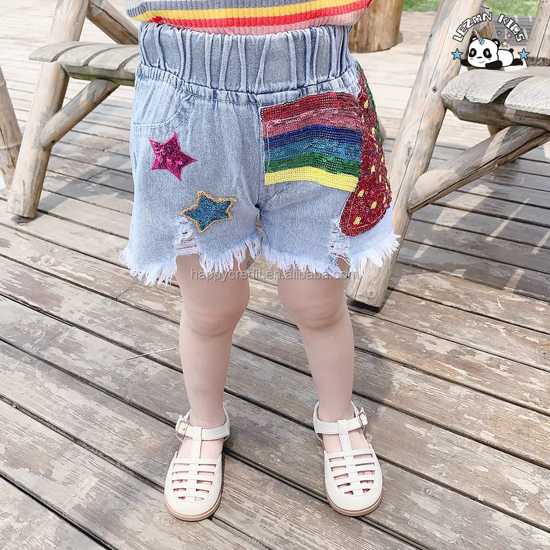 LEZONKIDS - Custom Children Clothing Kids Denim Shorts Light Blue Sequin Ripped  Edge Elastic Waist Girls Denim Shorts